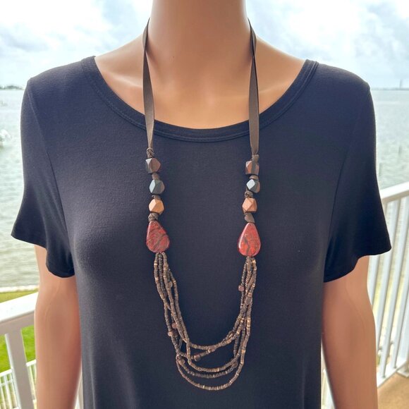 Coldwater Creek Necklace Boho Wood Beaded Multi Strand Brown Tones - Picture 2 of 4